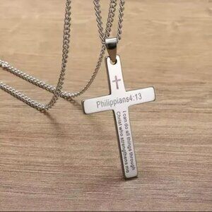 Philippians 4:13 Unisex Cross Necklace - Silver Tone